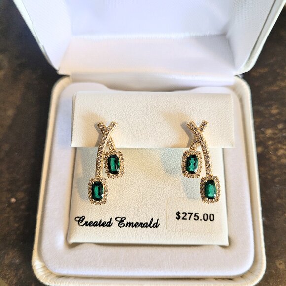 18k Gold Over 925 Silver Emerald & White Sapphire Drop Earrings - Picture 3 of 9